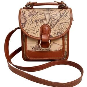 Anthropologie Taurus Leather Handbag Brown Map Print Top Handle